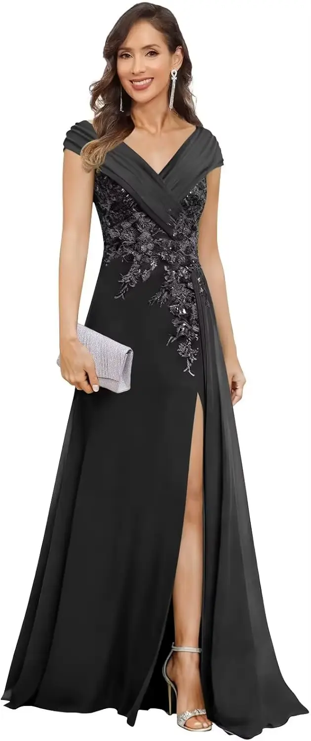 Robes de mère de la mariée en dentelle appliquée pour femmes, manches longues, robe formelle plissée