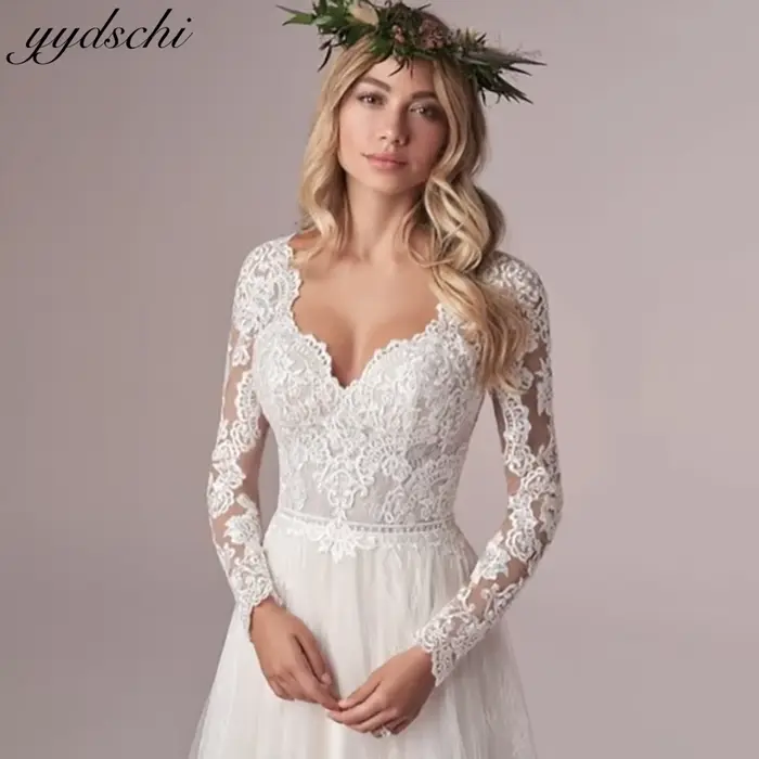 Robe de mariée personnalisée en mousseline de soie avec appliques en dentelle bohème, coupe trapèze, dos nu, longueur ras du sol, pour femmes occasions spéciales