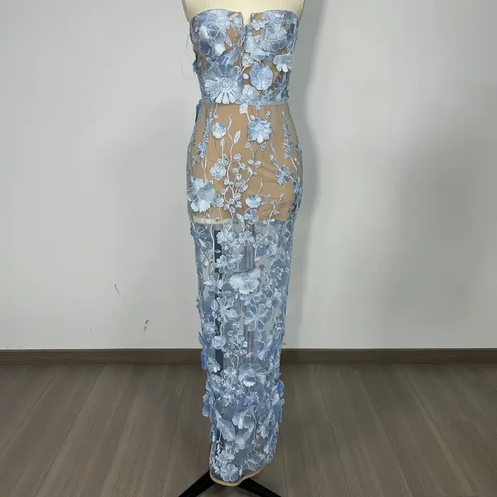 Robe longue transparente brodée florale sans bretelles blanche élégante – Robe de soirée de mariage 