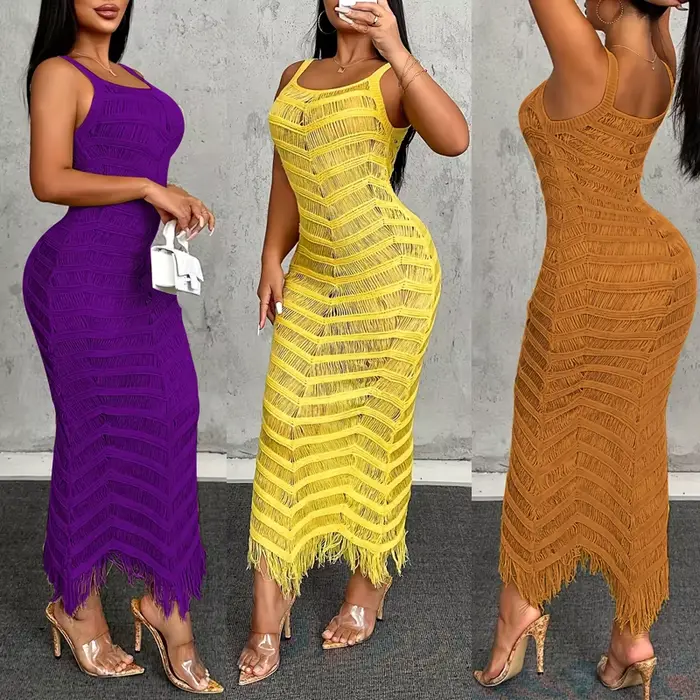 Été 2025 nouveau décontracté Sexy élégant femmes robes moulante col en v longue évider gland ourlet sans manches Maxi robe tricotée