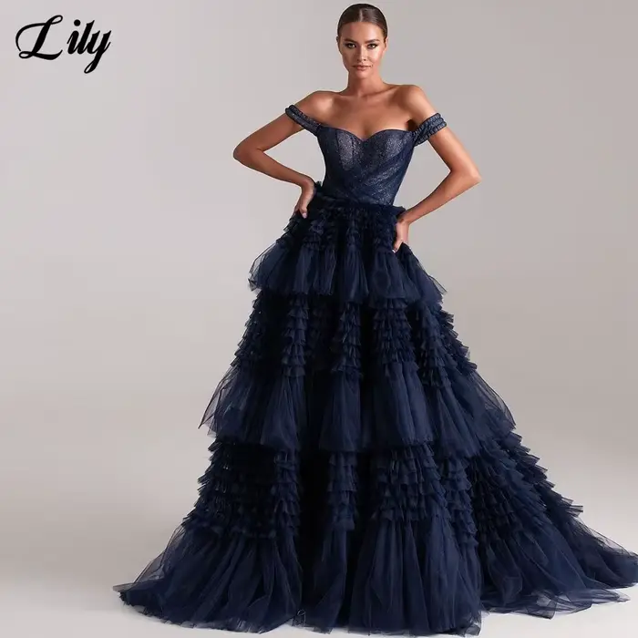 Lily-Robe de soirée chic en filet bleu marine pour femme, robe de Rhà plusieurs niveaux, robes de nu