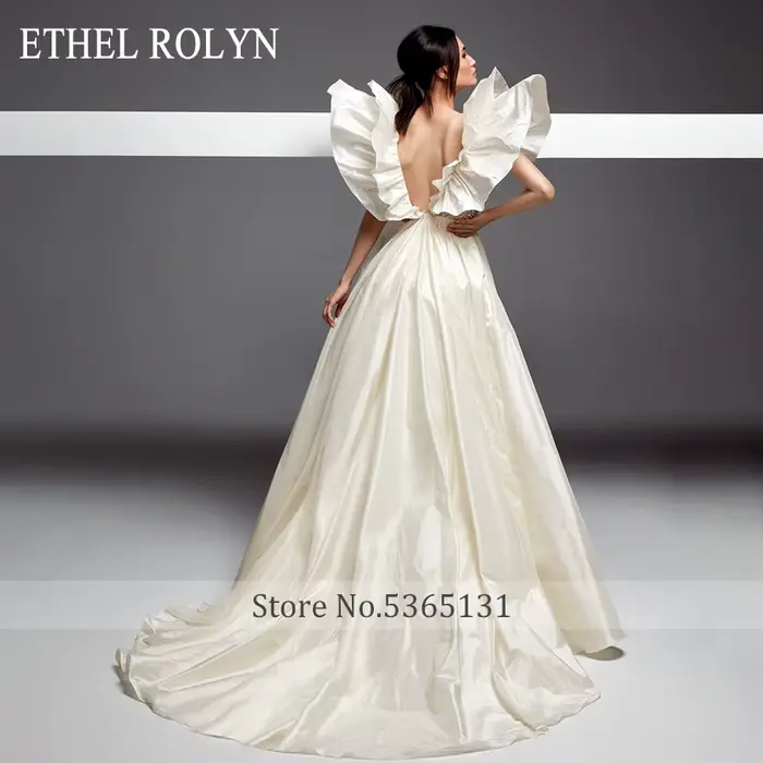 Élégant Satin a-ligne robe De mariée Sexy dos nu col en v Illusion perlée dentelle