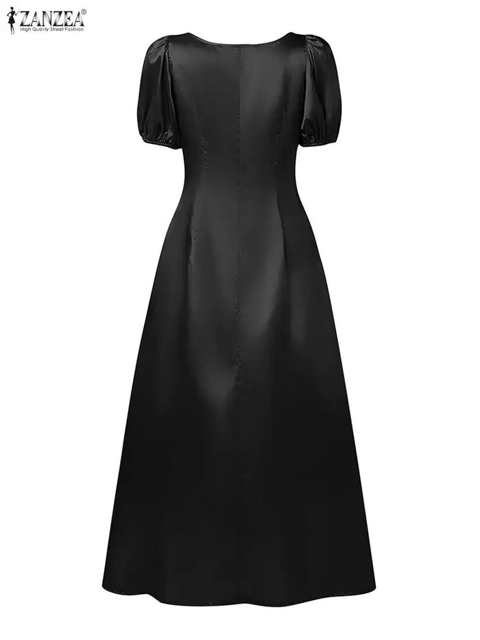 ZANZEA femmes Satin invité de mariage robes longues élégant Chic col carré manches courtes bouffantes taille ajustée robe trapèze S-3XL