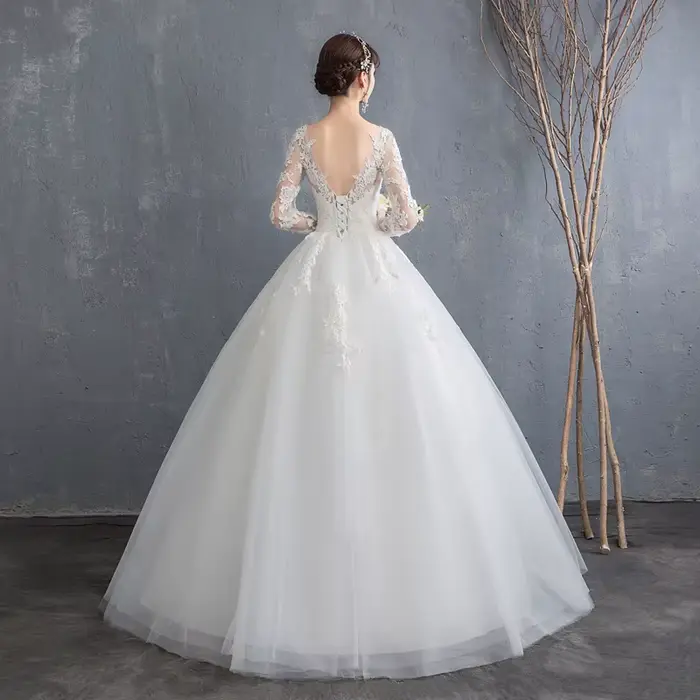 Robe de mariée à lacets brodée en voile, dentelle et organza, taille personnalisée, princesse, longueur au sol, col rond, manches longues, occassion spéciale