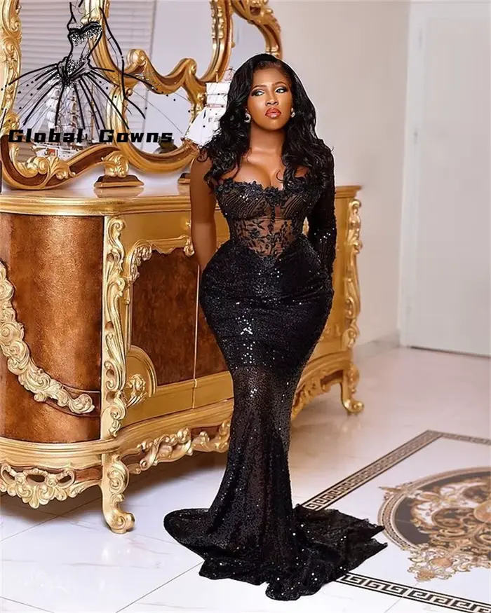 Aso Ebi-Robe de soirée noire à fleurs 3D perlées pour femmes, robes de Rhchérie, robe de soirée pers