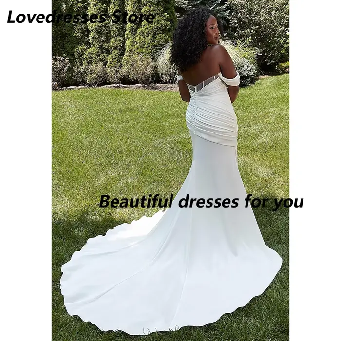 Robe de mariée pas cher personnalisée épaule dénudée une ligne Satin fente latérale balayage Train