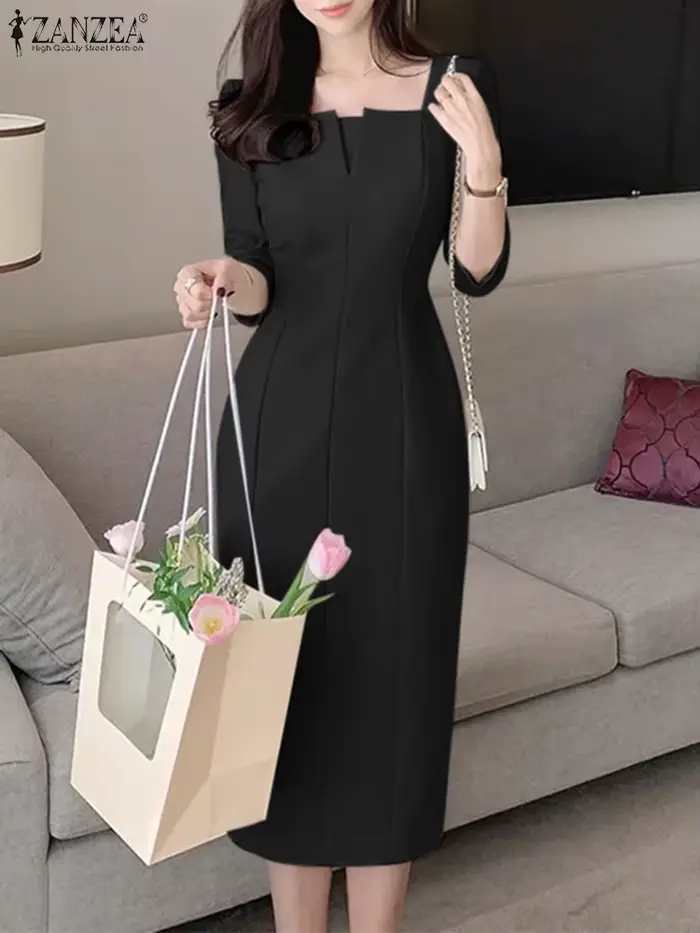 Robe ZANZEA élégante en polyester col carré trois quarts pour femmes occasions spéciales soirée famille mariage