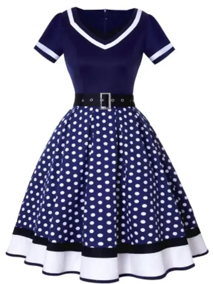 Robe Vintage des Années 50 et 60 en Coton Polyester Élégante avec Imprimé à Pois et Ceinture pour Femmes Occasions Spéciales