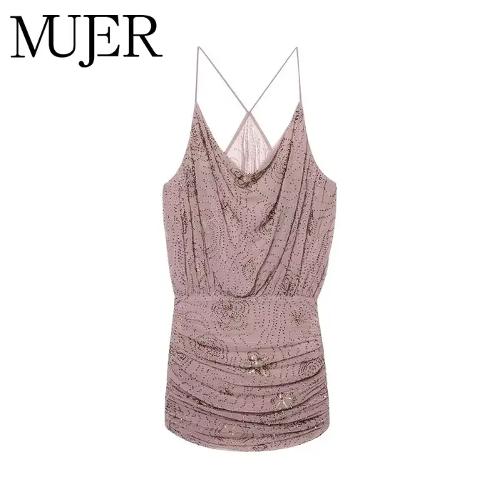 MUJER paillettes Tulle Mini robe femmes froncé Slip robes courtes pour femme de luxe fête