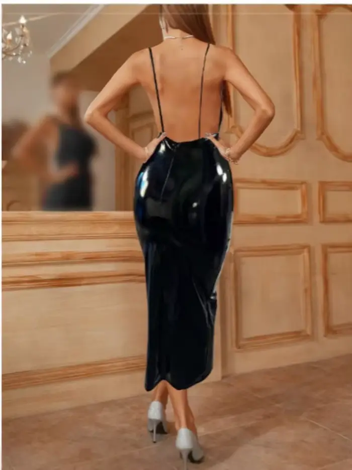 Robe longue en cuir PU pour femmes