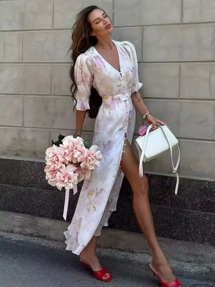 Robe élégante imprimée en dentelle patchwork pour femme