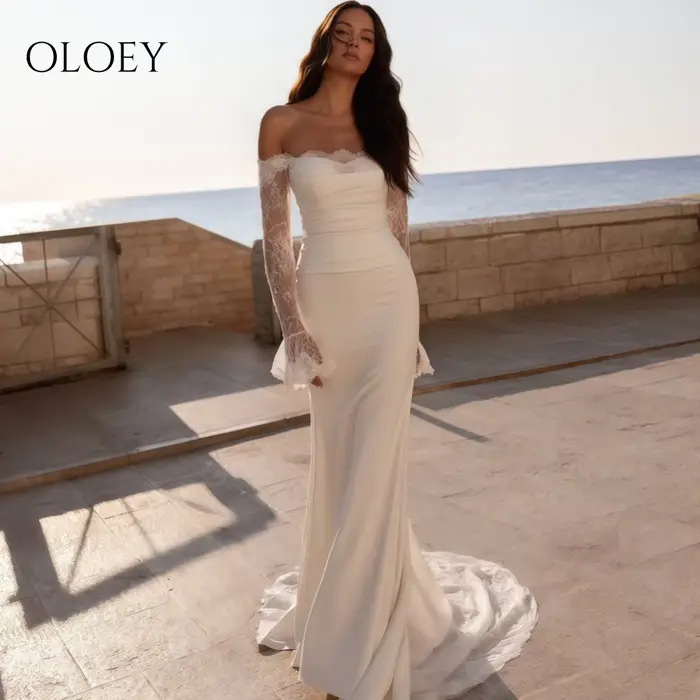 Robes de mariée en satin OLOEY style minimaliste avec châle en mousseline, robes de mariée sirène él