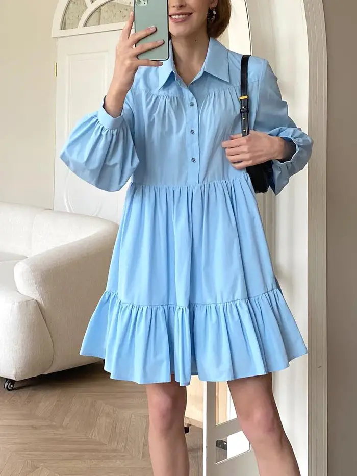 Robe chemise vintage à manches longues pour femmes, bleu, blanc, col rabattu, boutons élégants, printemps été, style décontracté, occassions spéciales