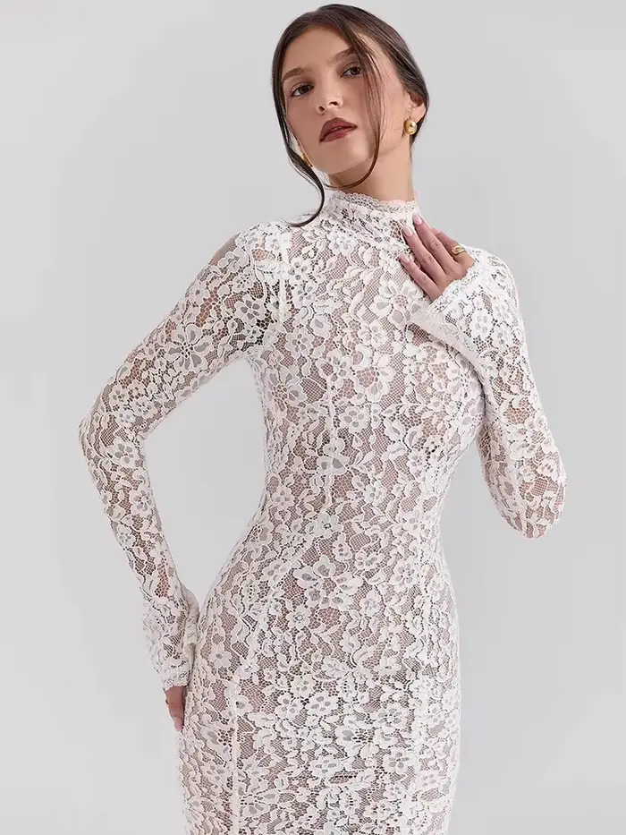 Robe longue en dentelle polyester pour femmes, style Y2K, col rond, taille haute, manches spaghetti, longueur cheville, pour soirées et clubs