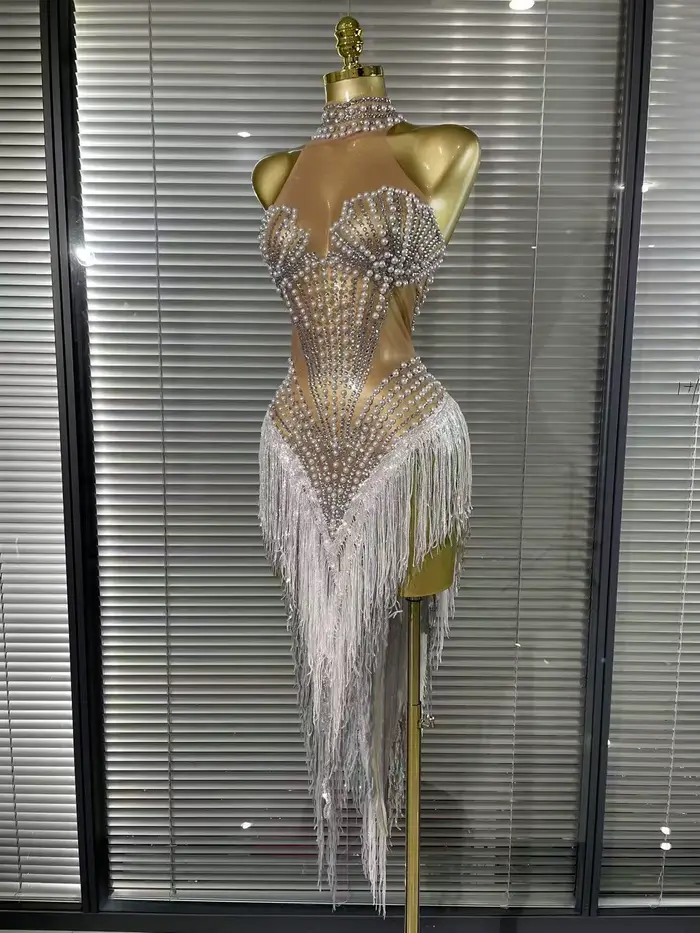 Robe sexy sans manches pour femmes, épaules dénudées, paillettes brillantes, perles, mi-mollet, polyester et élasthanne, pour occasions spéciales et photos d'anniversaire