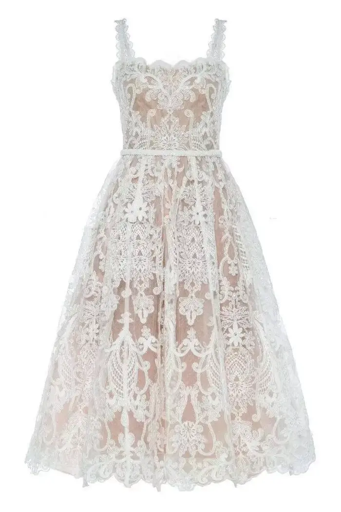 DEAT vietnamien français dentelle évider mince sans bretelles taille haute a-ligne pull longue robe femme vestido marée