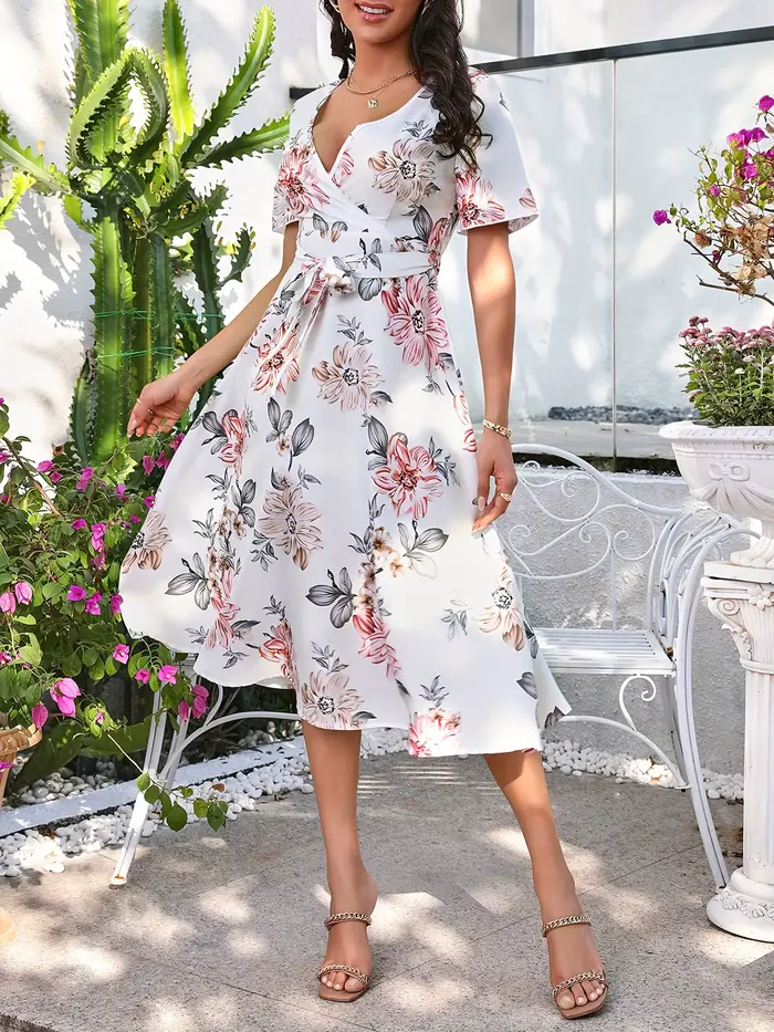 Robe portefeuille à imprimé floral polyester pour femme style classique occasions spéciales genoux midi