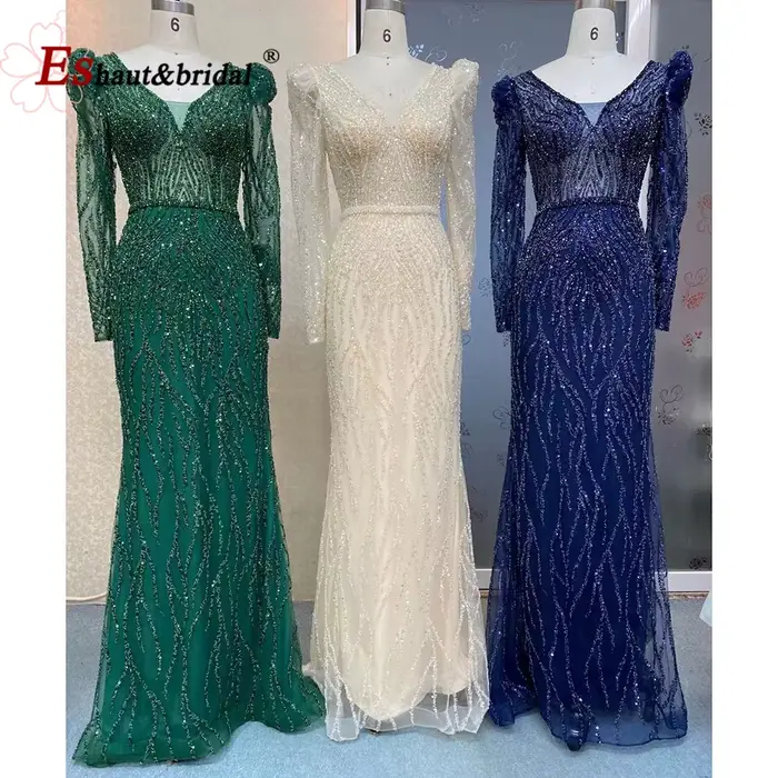 Robe de soirée sirène élégante pour femme 2026, col en V, manches longues bouffantes, perles et sequins, robes de bal et de mariage formelles personnalisées