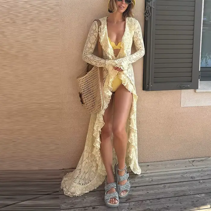 Robe longue fluide en dentelle pour femmes style de plage vacances à la plage transparente sexy maxi cardigan élégante manches longues cover-up fête en club été