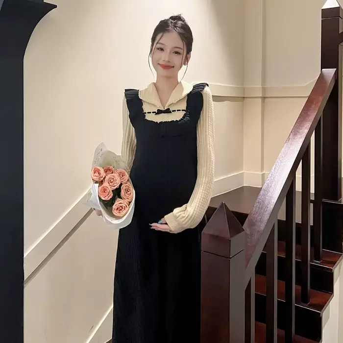 Robe longue patchwork pour femmes enceintes maternité style préppy pulls tricotés acrylique confort occasionnels élégantes