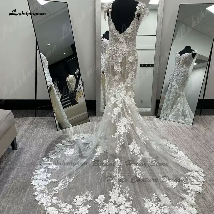 Yanshmigown-Robe de mariée sirène en dentelle florale personnalisée