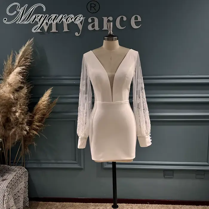Mryarce – robe de mariée courte, mini-jupe, dentelle scintillante, manches bouffantes, robe de marié