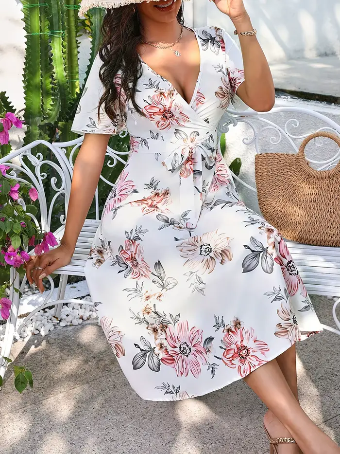 Robe portefeuille à imprimé floral polyester pour femme style classique occasions spéciales genoux midi