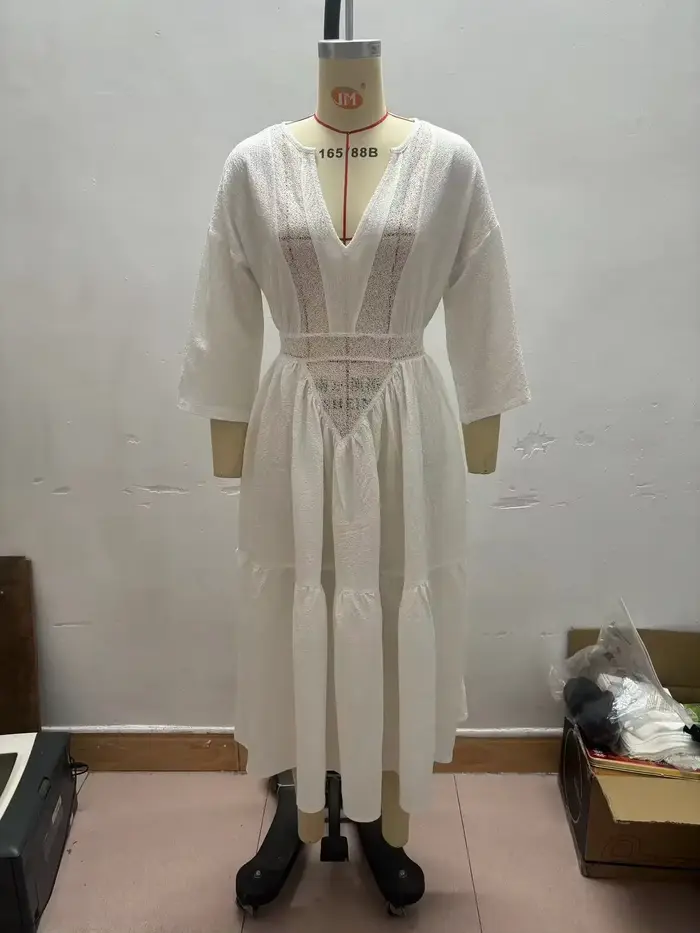 Vintage Boho Vintage robe de plage creuse femme printemps solide Sexy col en V ample fête longue robe à manches longues plissée robe de vacances
