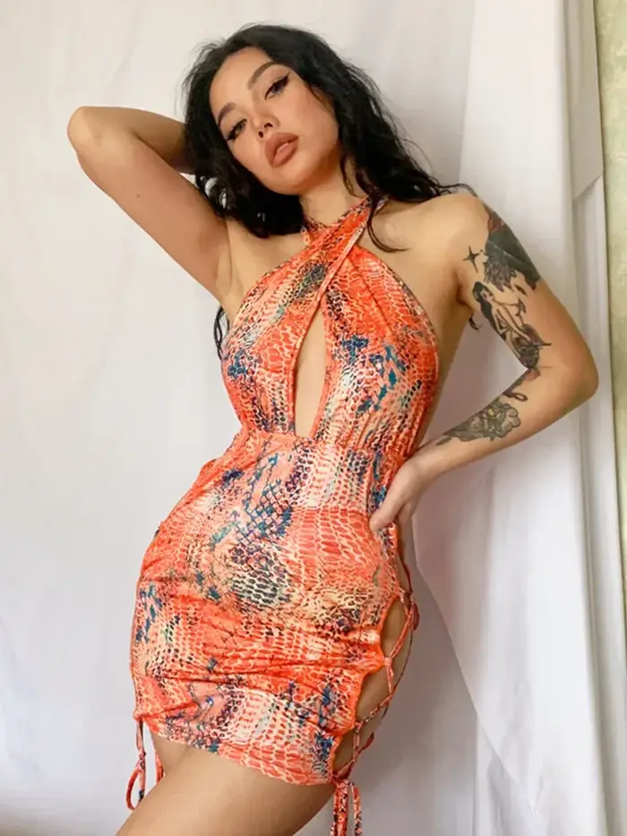 Robe de nuit dos nu à imprimé multicolore pour femme