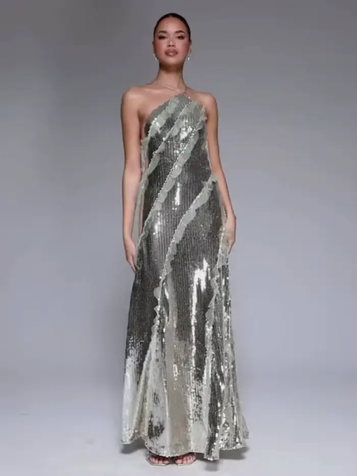 Robe de soirée élégante à paillettes col licou ligne a haute qualité longue sans manches pour femmes occasions spéciales