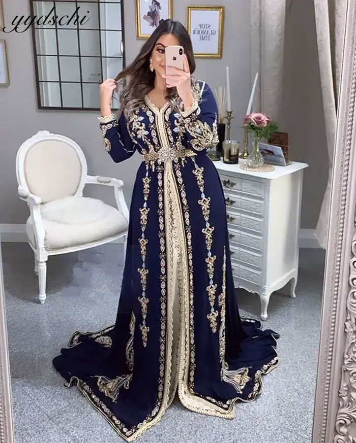 Caftan marocain personnalisé bleu marine, robes de soirée pour femmes, robe de fête, coupe trapèze, 