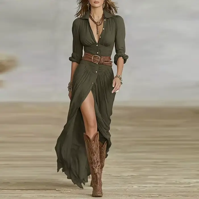 Femme robes 2025 nouveau français rétro col en V ceinturé mince plissé longue robe automne simple boutonnage à manches