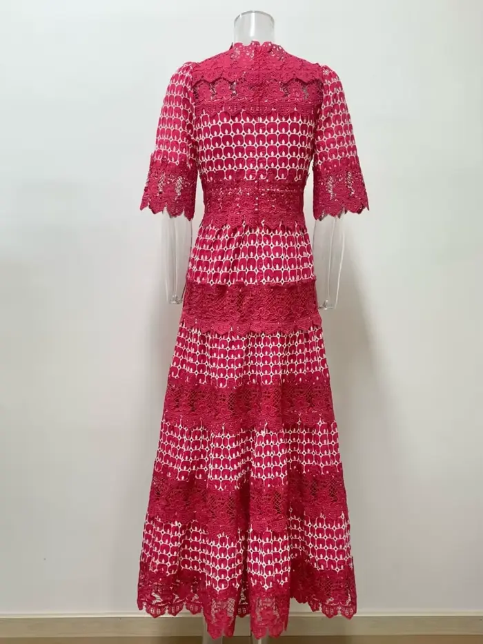 Eshin Style élégant 2025 été nouveau Chic dames robe mi-longue rouge avec manches courtes motif Unique détail fluide à plusieurs niveaux TH9652
