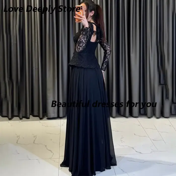 Robe de soirée noire longue en polyester avec dentelle perles et plissé pour mariage et événement spécial personnalisé