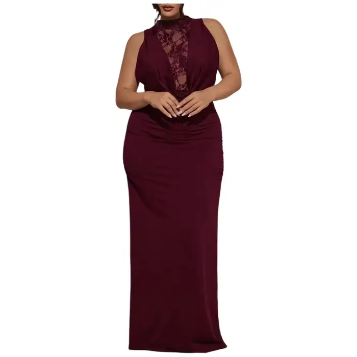 Robe longue sans manches grande taille pour femme avec empiècements en dentelle, coupe moulante élég