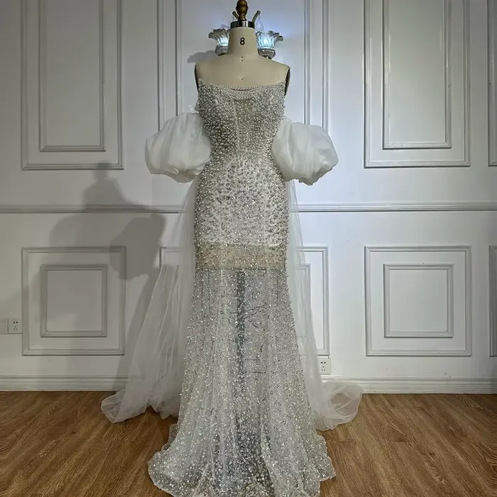 Robe de soirée personnalisée Serene Hill en polyester avec strass et perles pour femmes, silhouette trompette, décolleté sans bretelles, occassions formelles et cérémonies