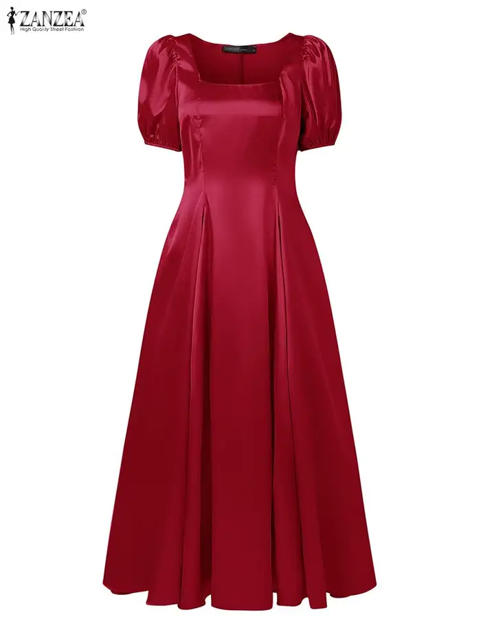 ZANZEA femmes Satin invité de mariage robes longues élégant Chic col carré manches courtes bouffantes taille ajustée robe trapèze S-3XL
