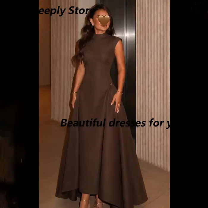 Robe de soirée marron personnalisée, sans manches, col haut, plissée, en satin, ligne A, longueur ch
