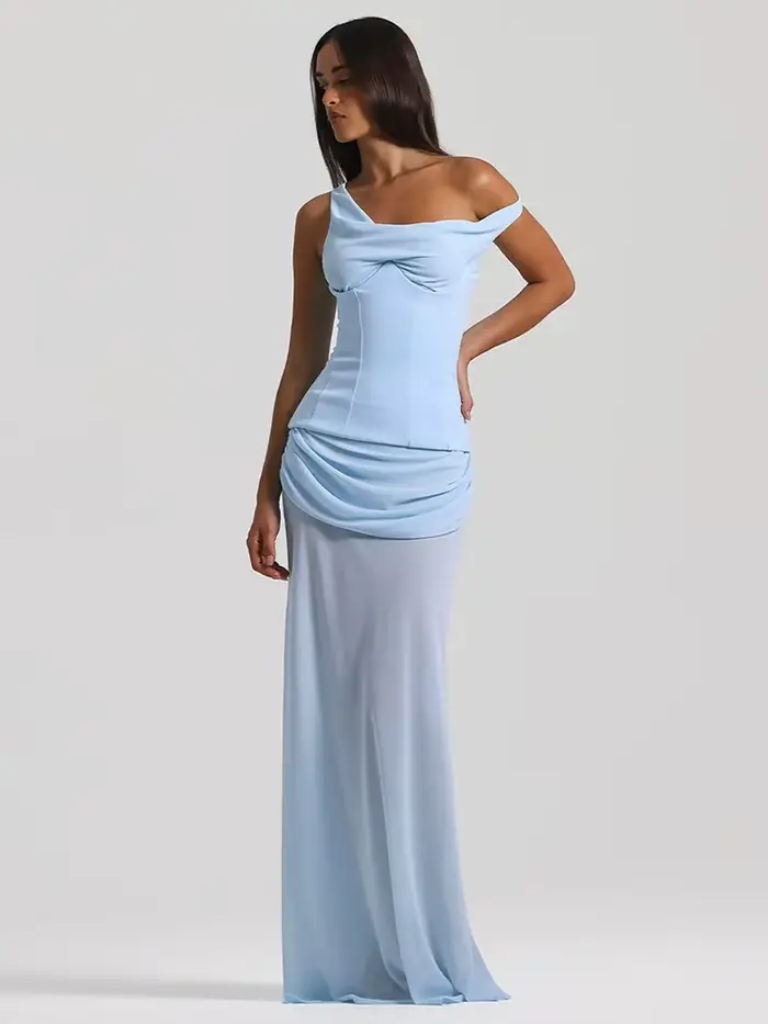 Robe de soirée blanche élégante, asymétrique épaule dénudée, drapée, pour événements formels, robe d'été, à la mode, sans manches, robe de mariée