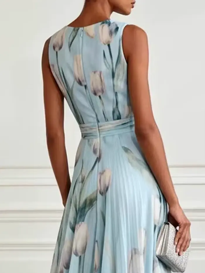 Robe longue en mousseline de soie à imprimé tulipes sans manches pour femmes, élégante et décontractée, idéale pour banquet et soirées spéciales