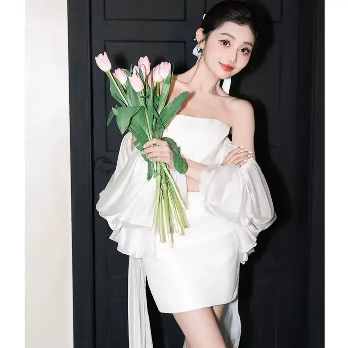 Robe de Mariée Légère Française en Satin Blanc, Style Court, Haut de Gamme, Photographie de Voyage, 