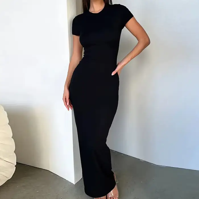 Sexy maigre femmes moulante robe de soirée mode col rond manches courtes couleur unie enveloppé hanche paquet