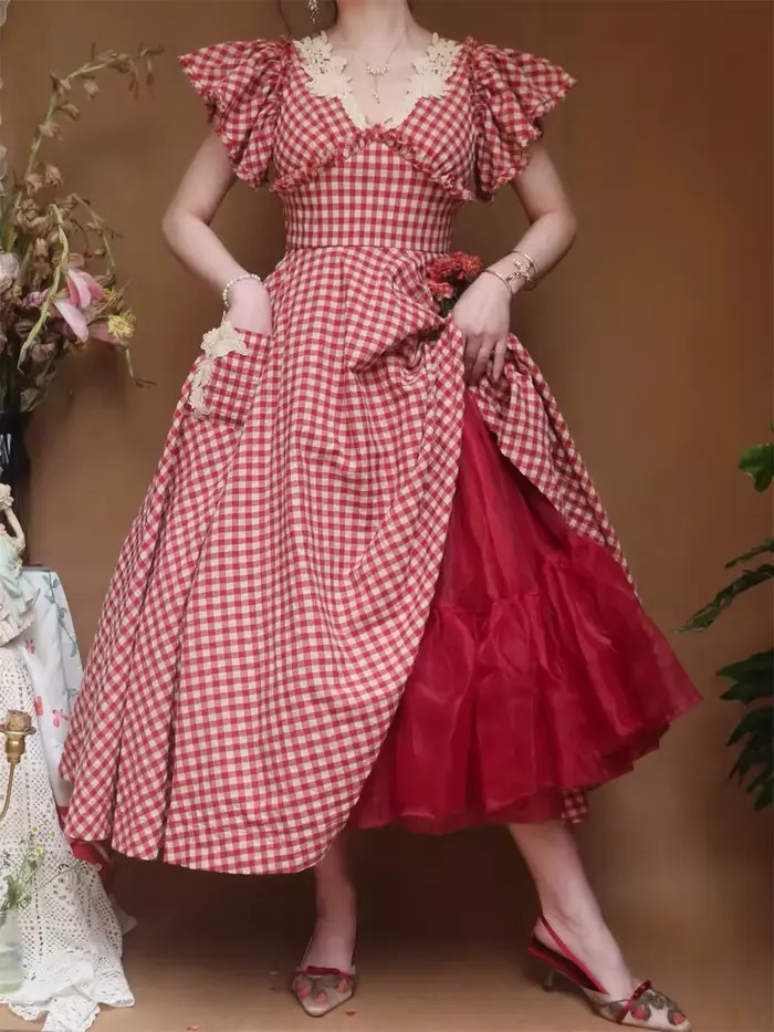 Robe à carreaux rouges style victorien élégante pour femmes été vacation date birthday party night