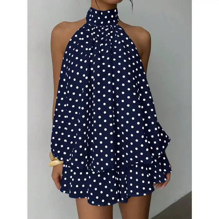 Robe Courte Halter Femme Blanche et Noire à Pois