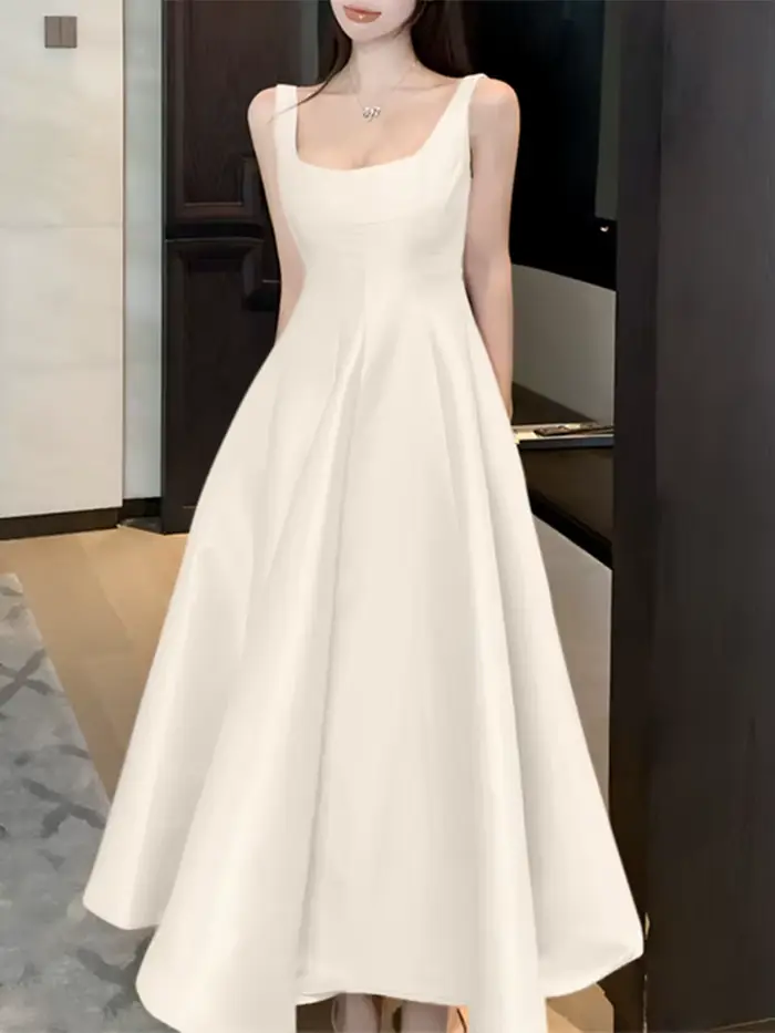 Femmes mode 6 couleurs Satin Cocktail longue robe ZANZEA élégant col carré sans manches a-ligne robes de soirée pour femme