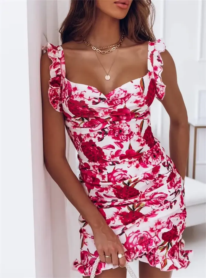 Robes sexy pour femmes Date Night - Col en V sans manches à volants imprimé floral robe d'été décontractée