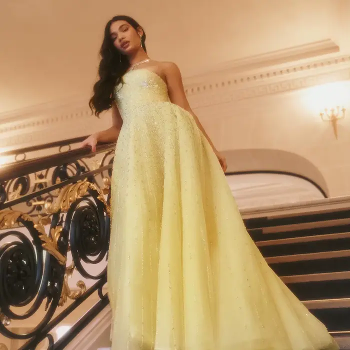 Robe de soirée de luxe jaune perlée et scintillante Sharon Said
