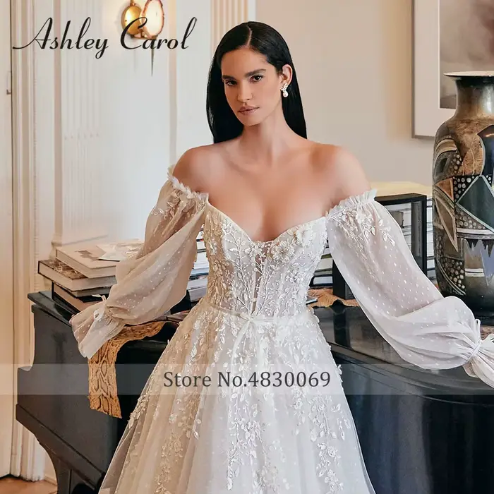 Robe de Mariée Bohème en Dentelle avec Perles et Manches Bouffantes pour Femmes Occasions Spéciales Mariages Proms Soirées de Célébrités