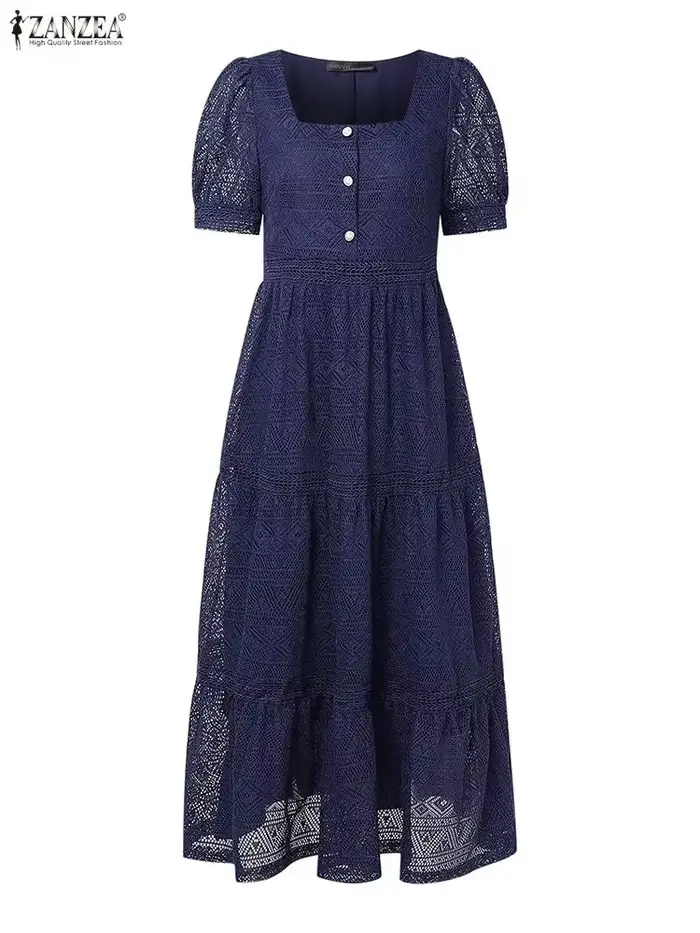 ZANZEA femmes élégantes dentelle Maxi robes été longue Robe d'été 2025 mode Sexy couleur carrée solide bouton à manches