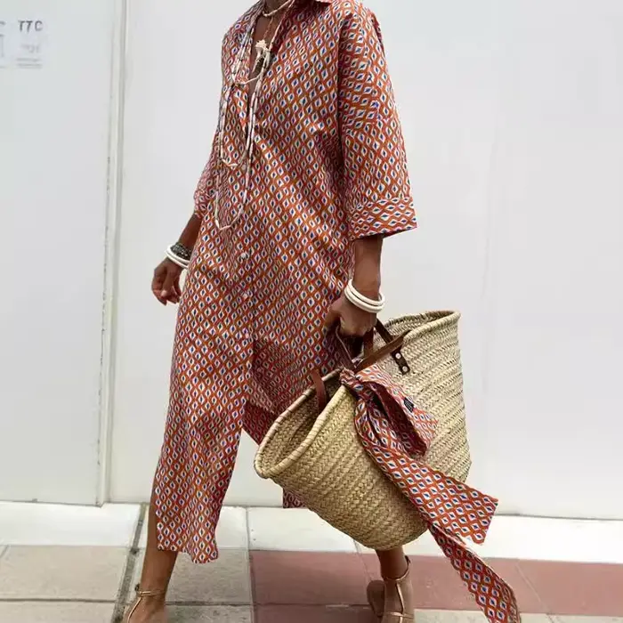 Robe longue d'été pour femme imprimée col en V décontractée polyester lin mi-mollets trois quarts occassions spéciales femmes